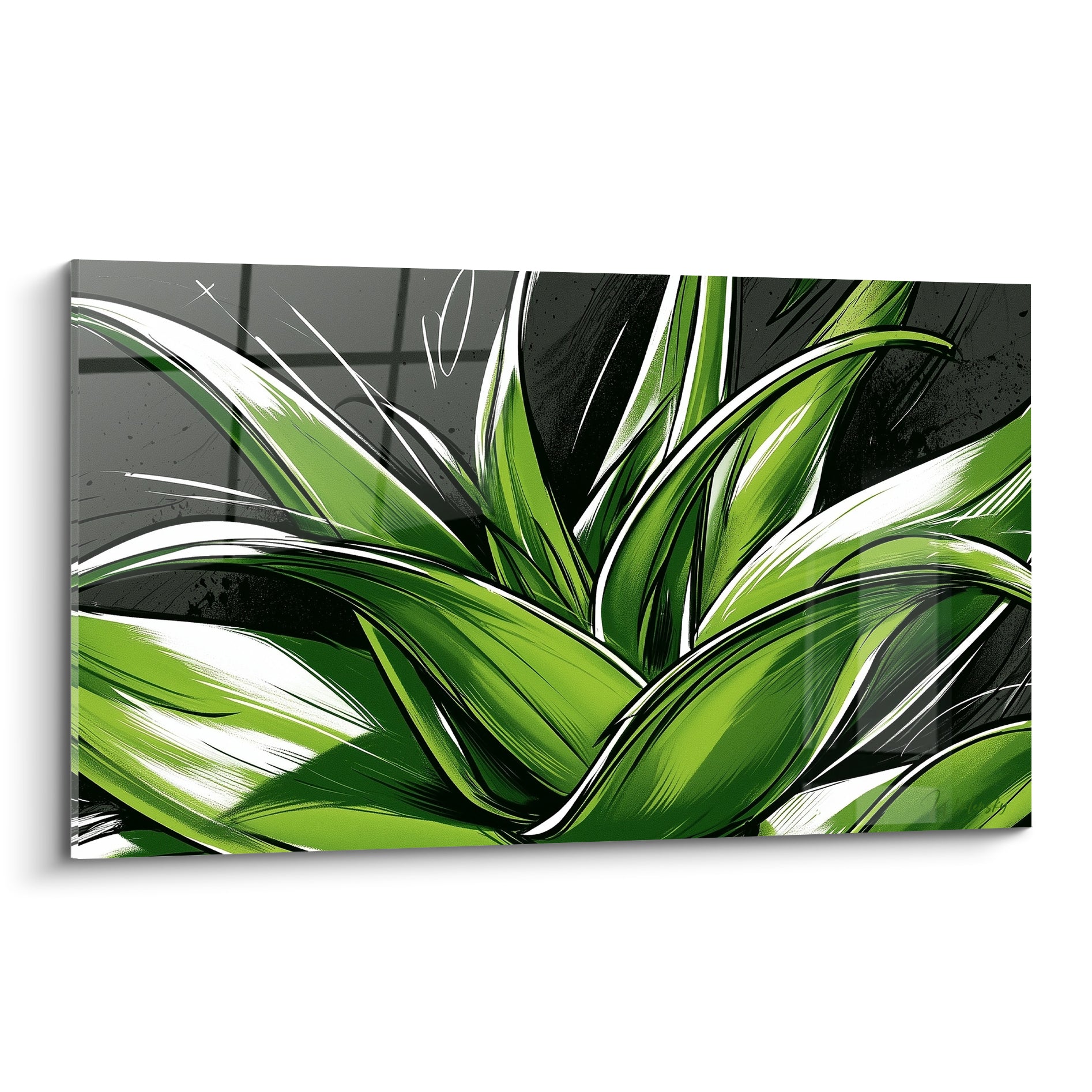 Aloe vera vert profond et anthracite, feuilles en éventail sur fond quadrillé sombre