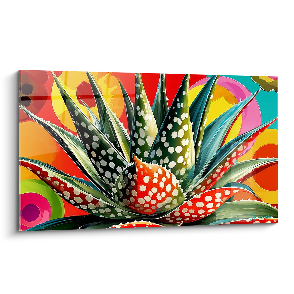 Aloe vera vert et rouge pommelé de blanc sur fond de cercles jaunes et turquoise vibrants