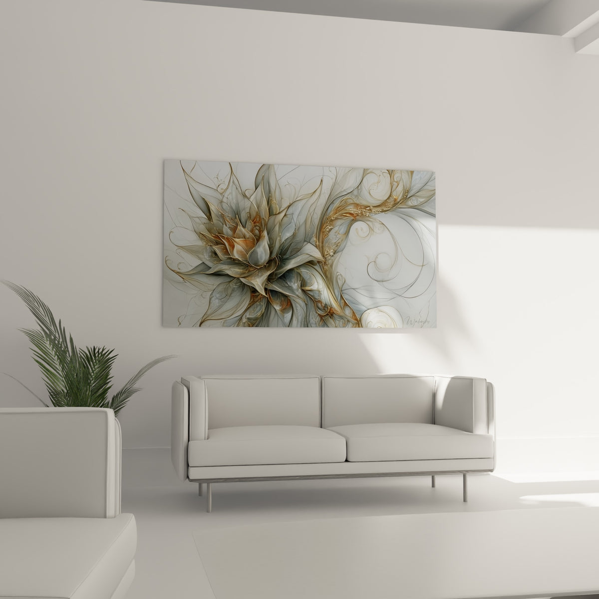 Rosette d'aloès aux nervures dorées et grises, disposée au-dessus d'un canapé dans un salon lumineux