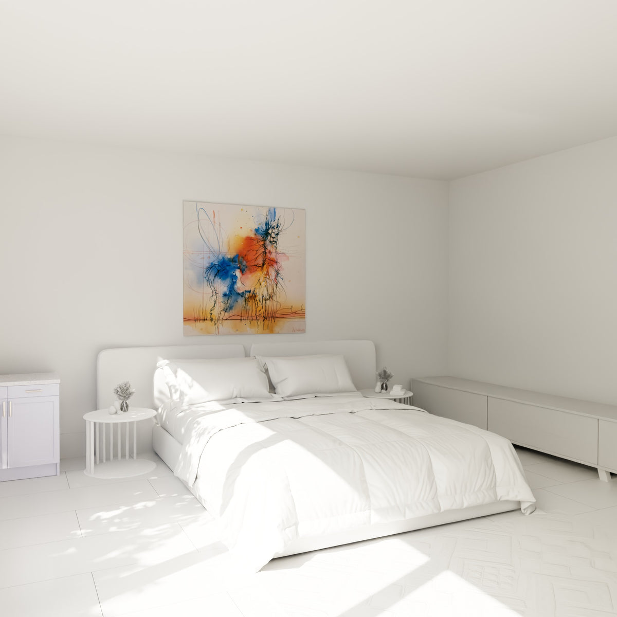 Silhouette d'alpaga bleu marine et orange brûlé accrochée au-dessus d'un lit dans une chambre claire