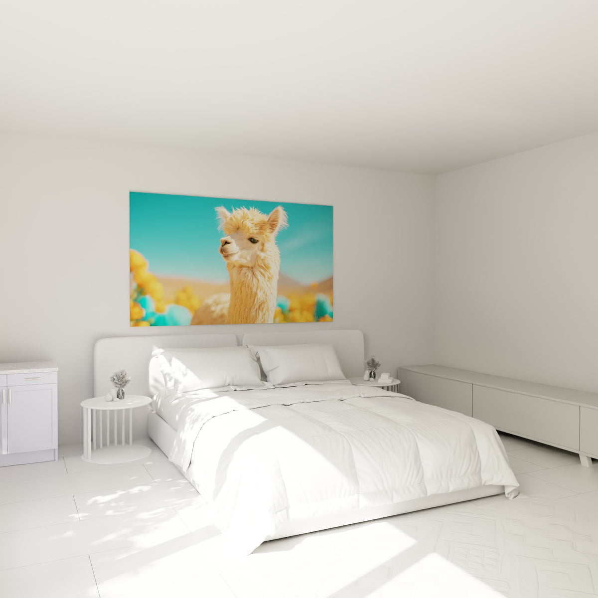 Museau blanc et pelage beige de l'alpaga, accroché au-dessus d'un lit dans une chambre claire