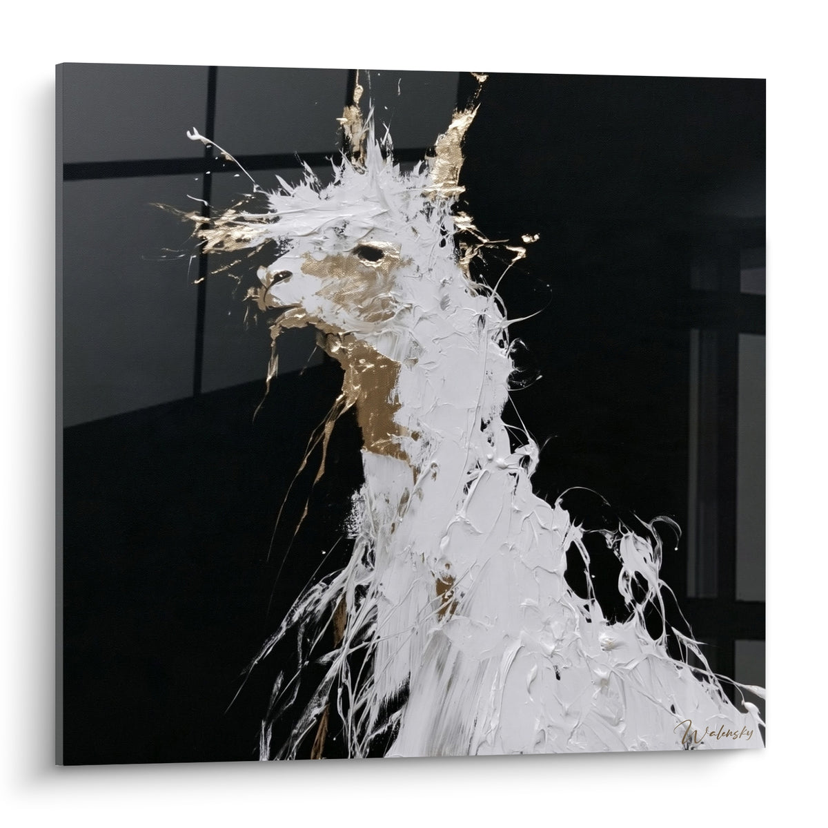 Alpaga blanc et doré en empâtements sur fond noir profond, texture sculpturale au couteau