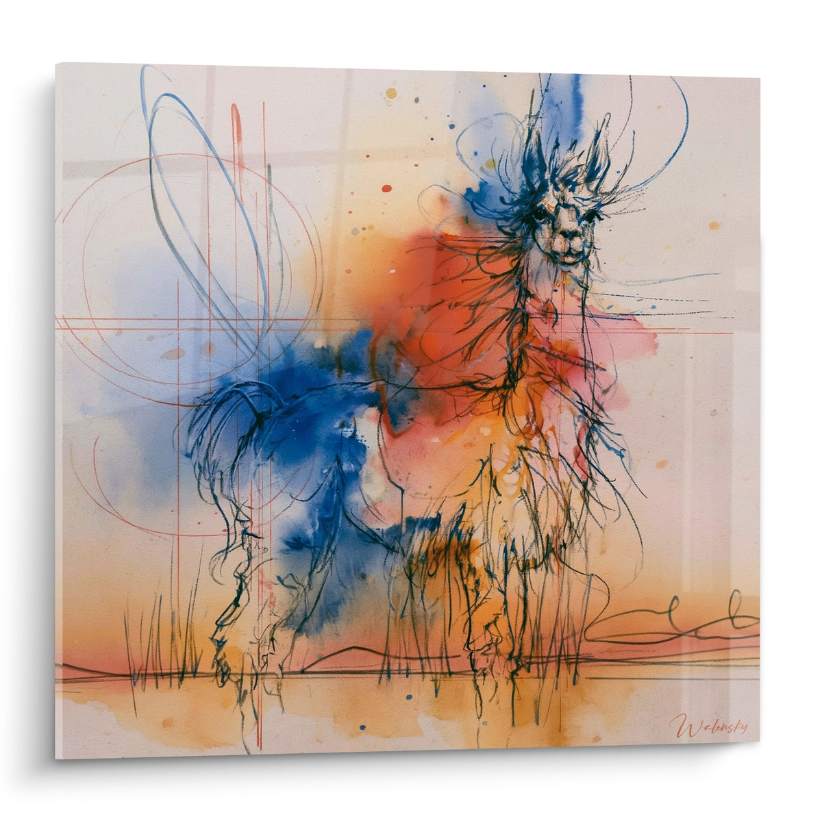 Alpaga esquissé en bleu marine et orange brûlé, traits fins et éclats d'aquarelle libre