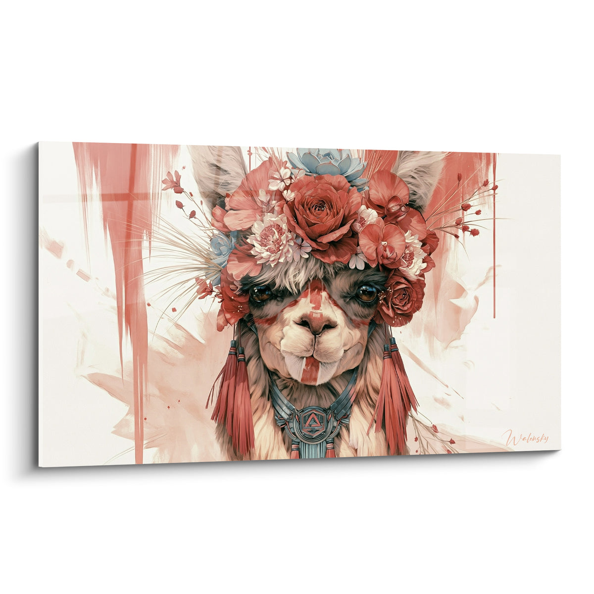 Alpaga au regard intense, couronne de roses corail et orchidées blanches, fond aquarelle rosé