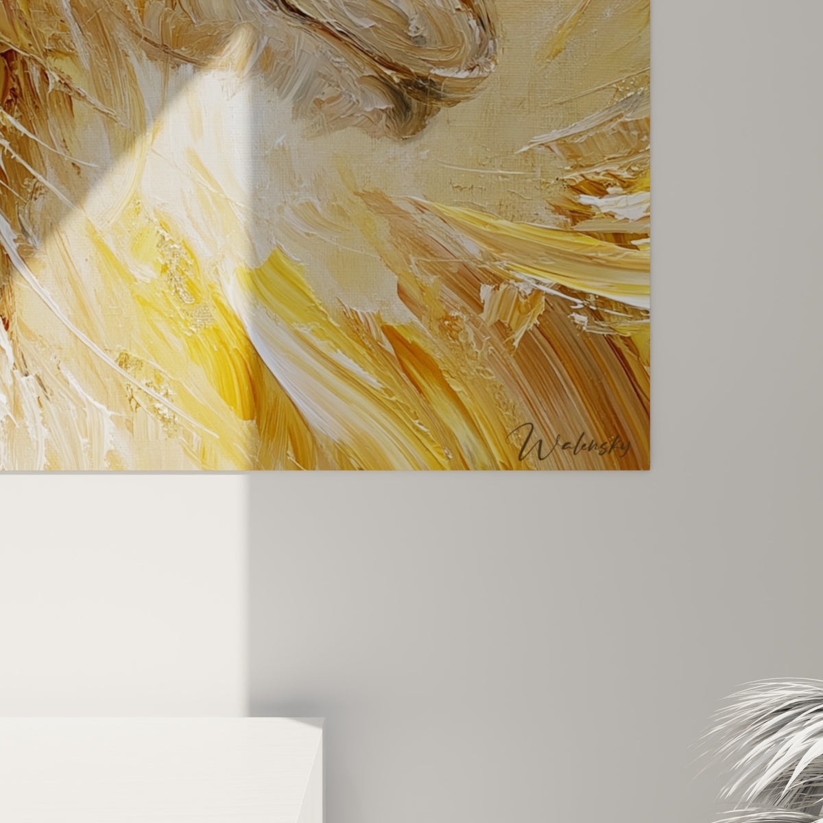 Détail de la toison dorée et blanche de l'alpaga, coulures épaisses, grain de peinture au couteau visible