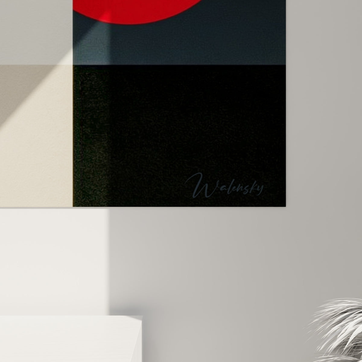 Détail des aplats rouge profond et beige sable de l'alpaga, grain et finitions de l'impression visibles