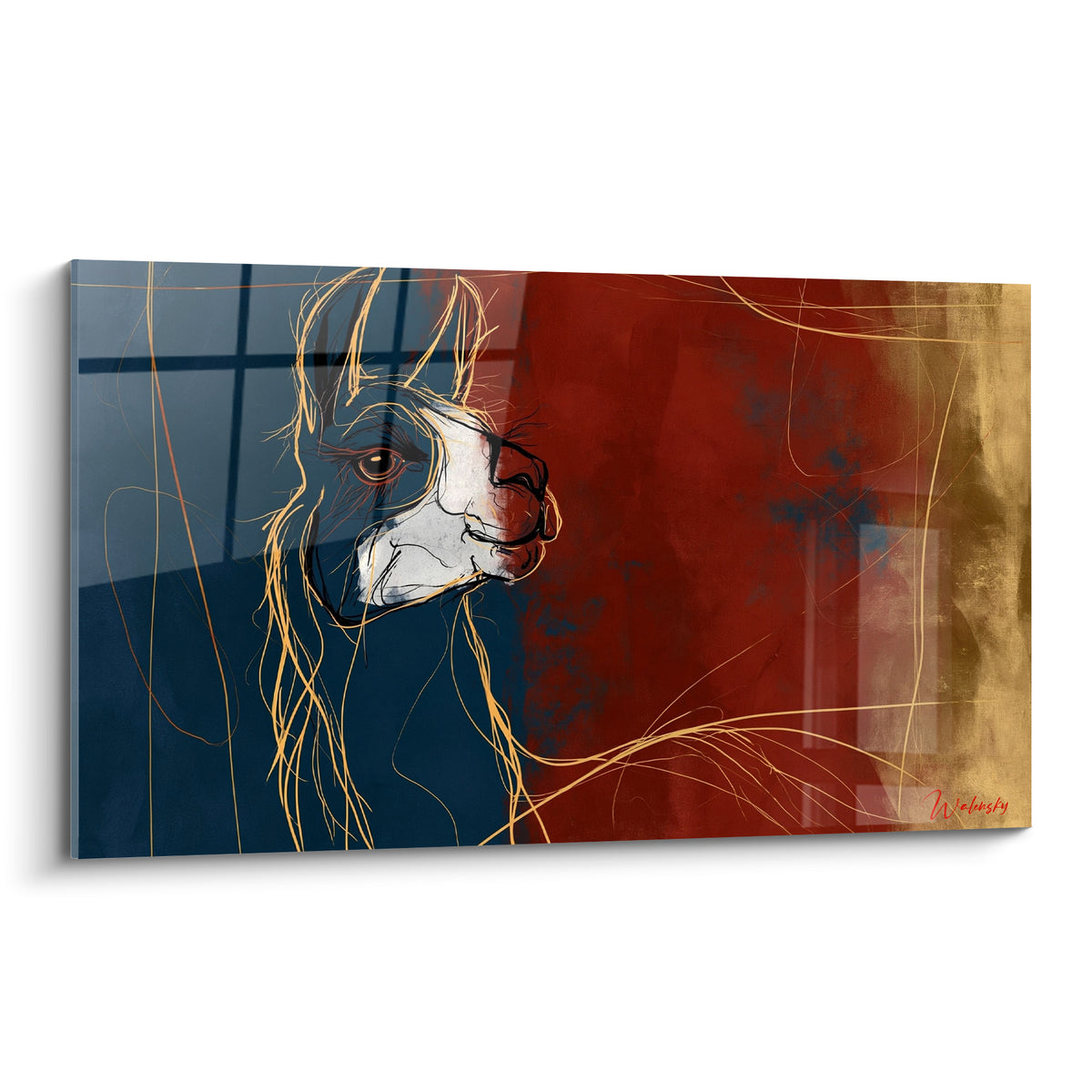 Alpaga esquissé en doré sur fond bleu marine et terracotta, regard doux et profil détaillé