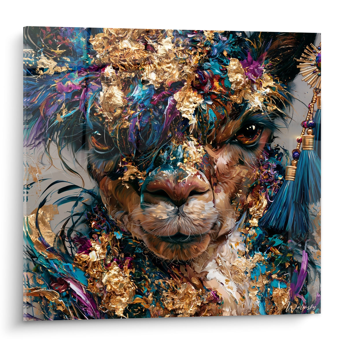 Alpaga paré de mèches dorées et turquoise, regard brun intense, peinture texturée au couteau
