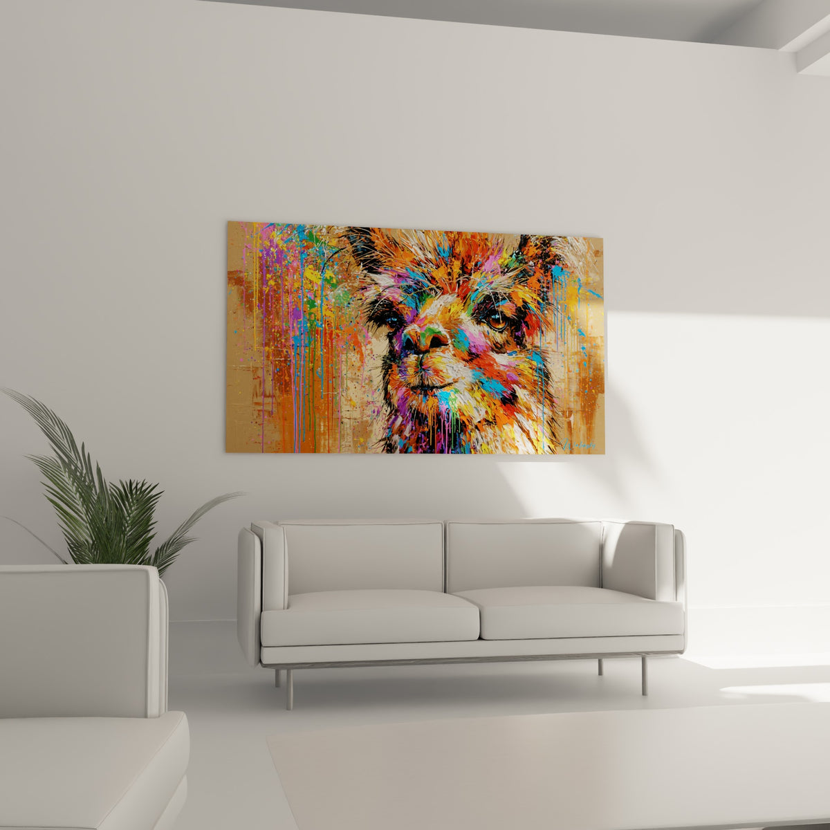 Visage d'alpaga éclaboussé de rose, vert et blanc éclatant, au-dessus d'un canapé dans un salon lumineux