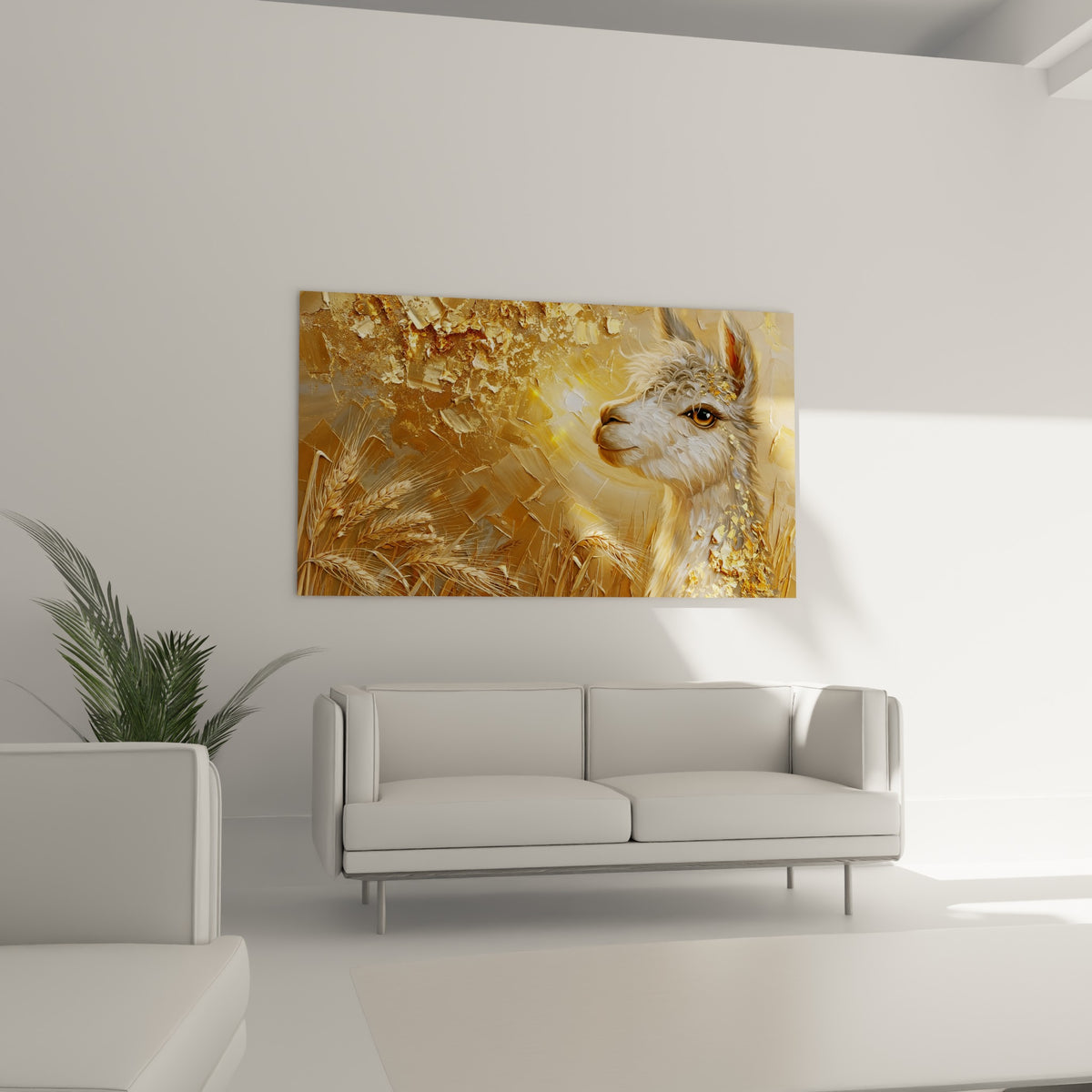 Tête d'alpaga aux reflets ocre et dorés au-dessus d'un canapé dans un salon lumineux