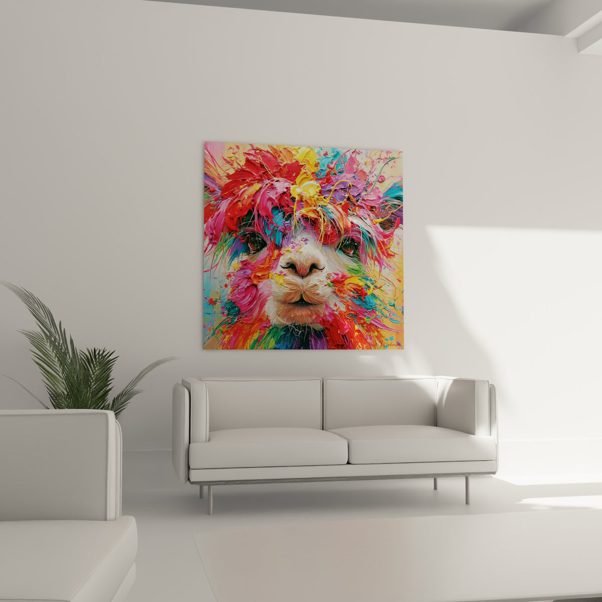 Portrait d'alpaga vibrant en rose et bleu turquoise, suspendu au-dessus d'un canapé dans un salon lumineux