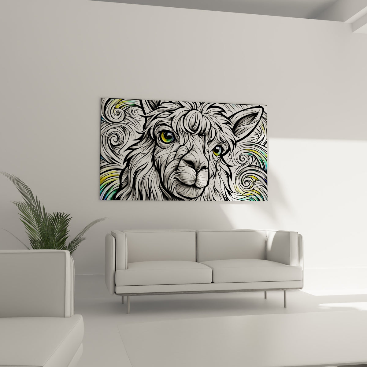 Visage d'alpaga orné de volutes noir et blanc et d'éclats jaune doré, suspendu au-dessus d'un canapé dans un salon lumineux