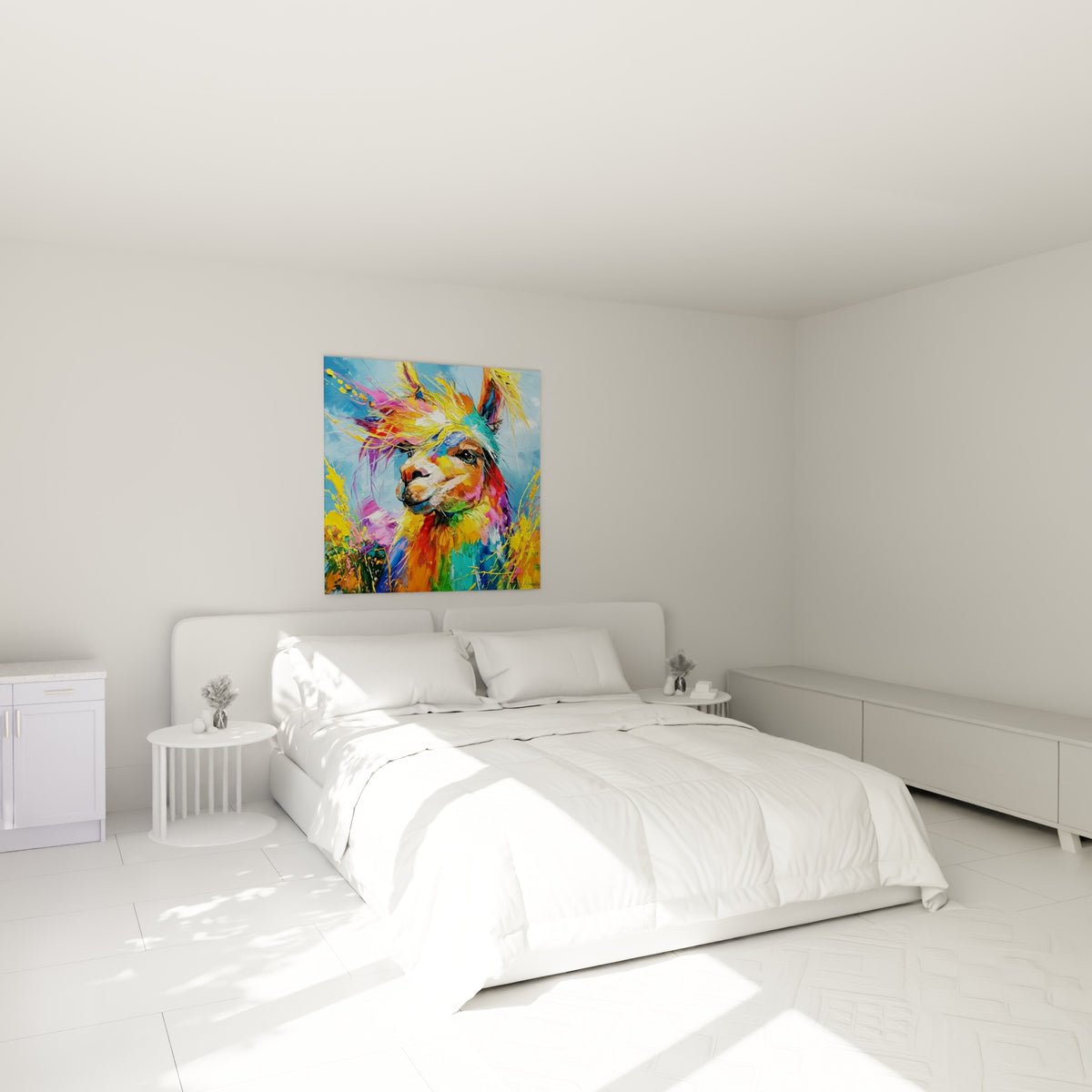 Tête d'alpaga aux tons orangés et roses vibrants, accrochée au-dessus d'un lit dans une chambre claire