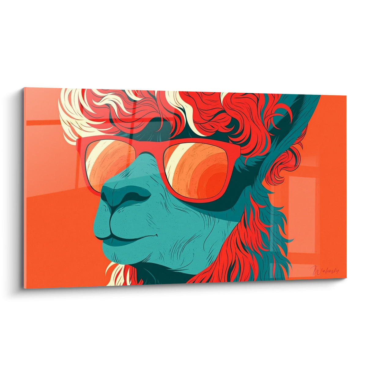 Alpaga sarcelle aux lunettes rouges, museau incliné, fond corail intense en aplat graphique