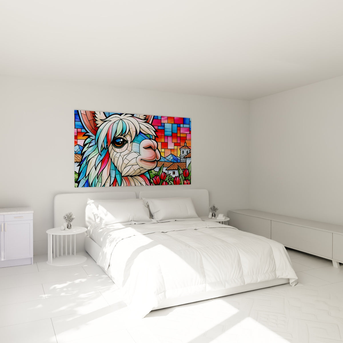 Portrait d'alpaga aux mèches turquoise et fuchsia façon vitrail, au-dessus d'un lit dans une chambre claire