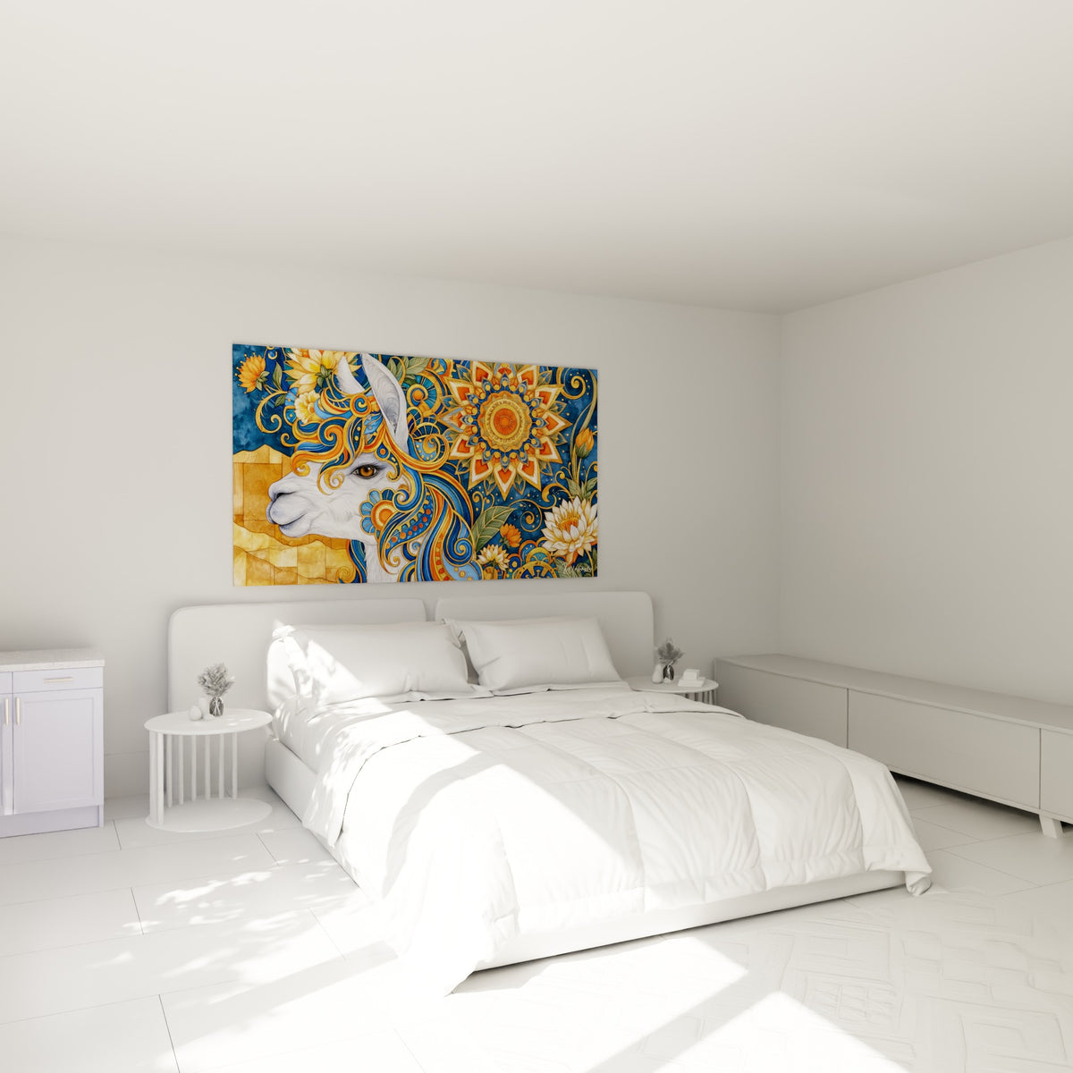 Profil d'alpaga blanc paré de motifs dorés et bleus, accroché au-dessus d'un lit dans une chambre claire