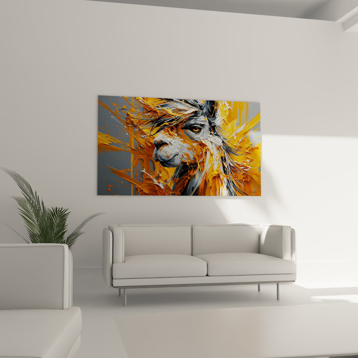 Tête d'alpaga aux tons ocre vif et anthracite, museau blanc texturé, au-dessus d'un canapé dans un salon lumineux