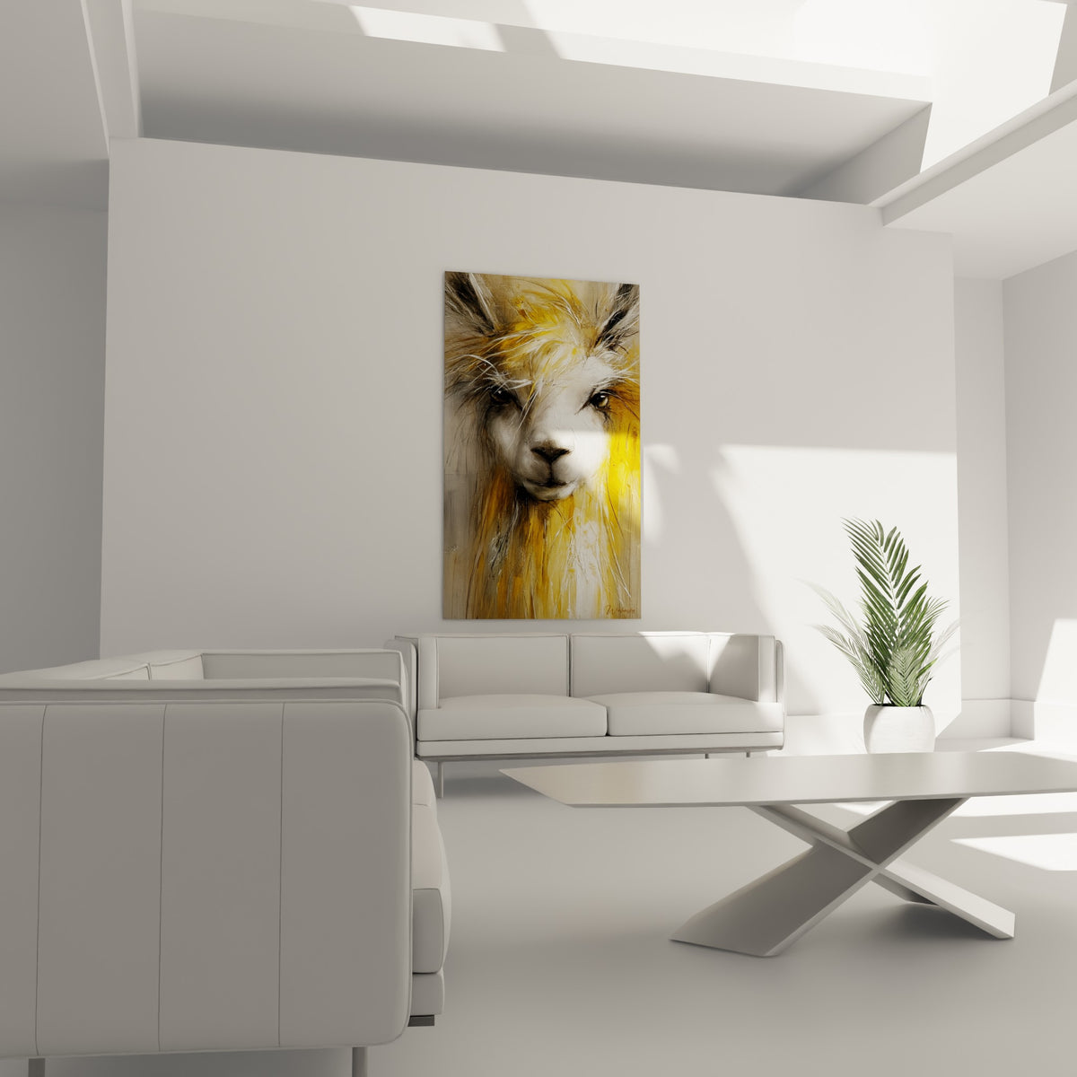 Visage d'alpaga aux tons ocre et crème suspendu au-dessus d'un canapé dans un salon lumineux