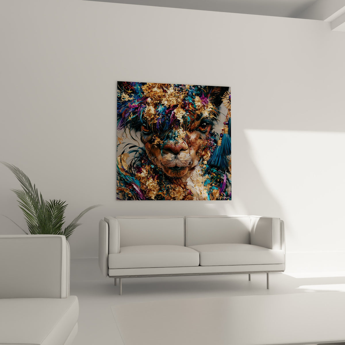 Portrait d'alpaga orné d'or et de bleu turquoise, au-dessus d'un canapé dans un salon lumineux