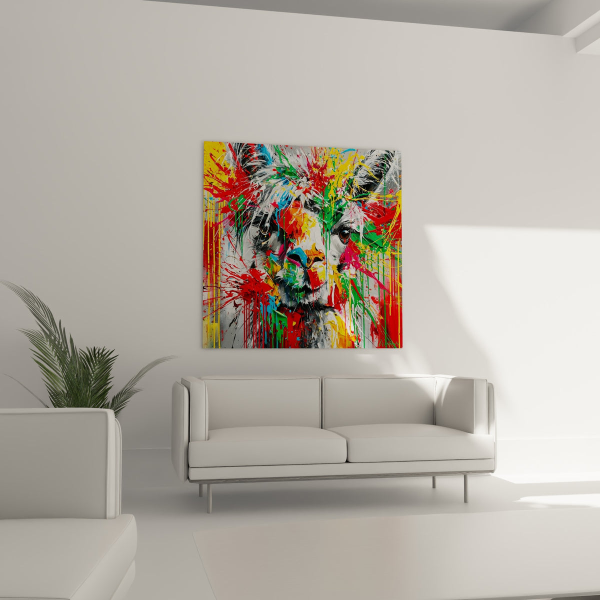 Portrait animalier aux teintes vertes et jaunes vives, suspendu au-dessus d'un canapé dans un salon lumineux