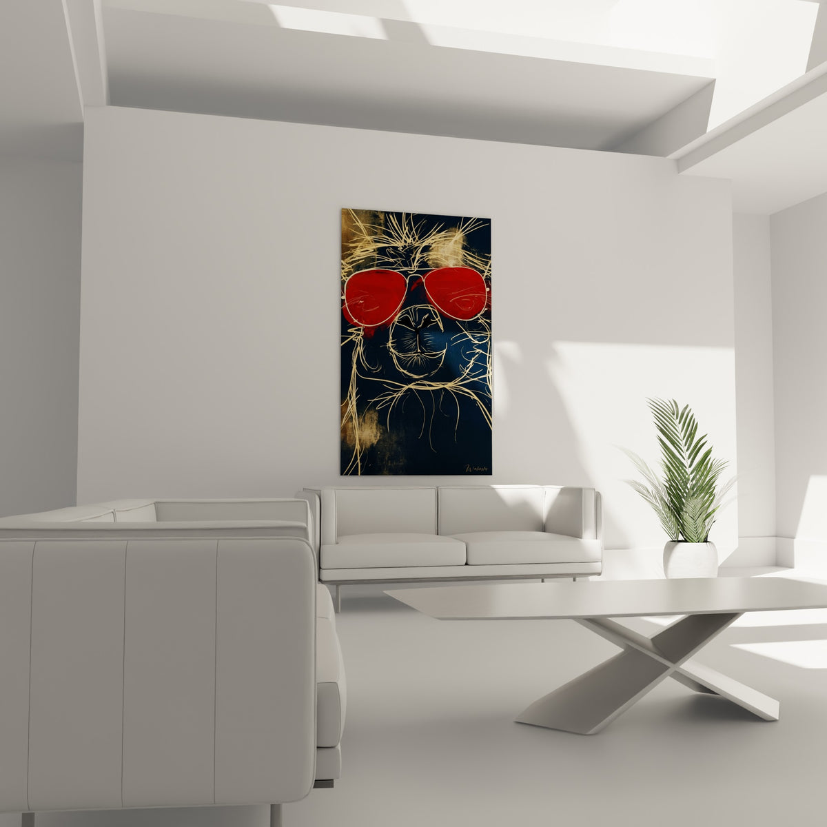 Portrait graphique d'alpaga bleu marine et rouge suspendu au-dessus d'un canapé dans un salon lumineux