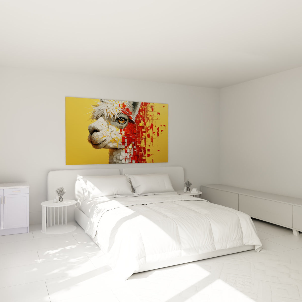 Portrait d'alpaga fragmenté en blanc nacré et rouge fauve, au-dessus d'un lit dans une chambre claire
