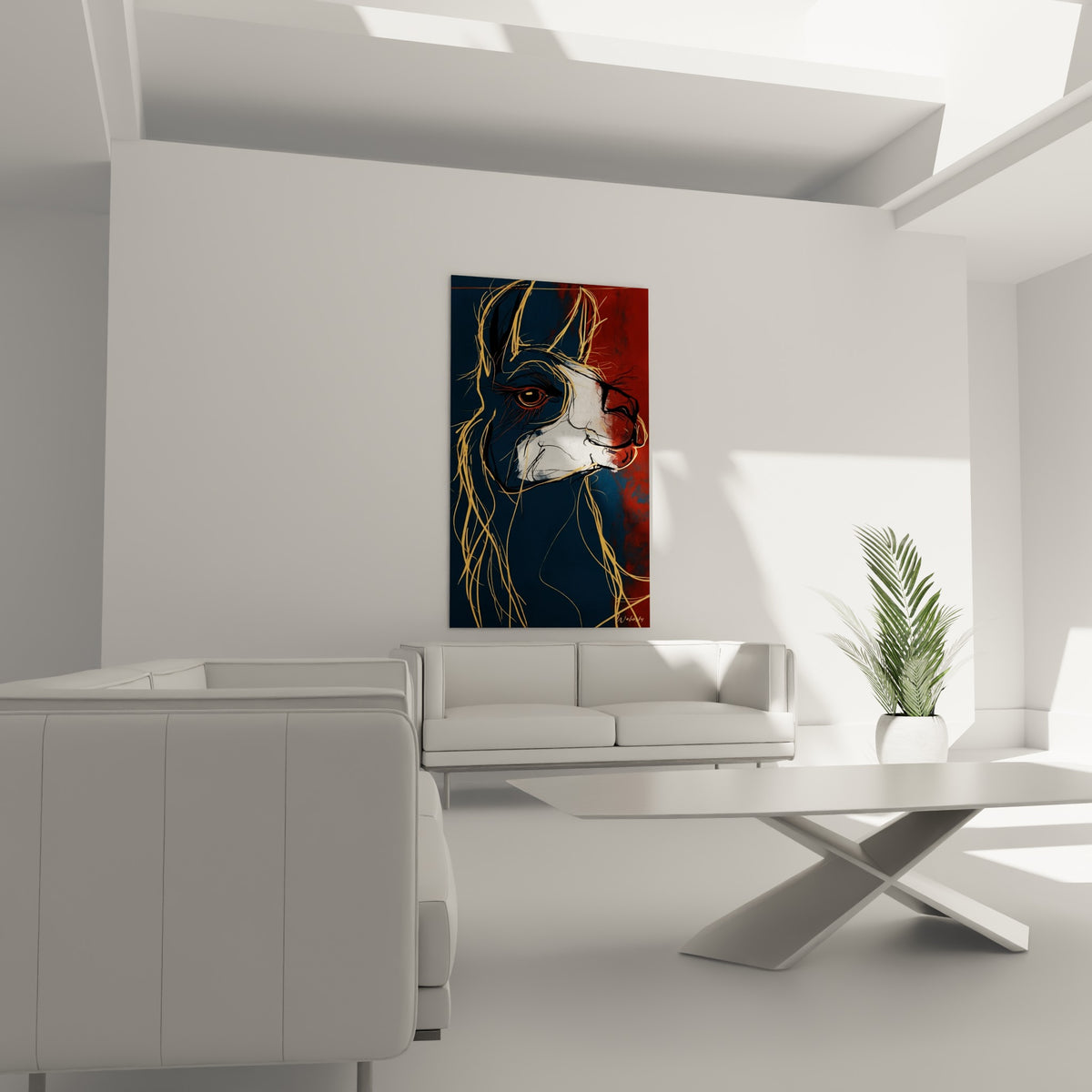 Profil d'alpaga terracotta et bleu marine suspendu au-dessus d'un canapé dans un salon lumineux