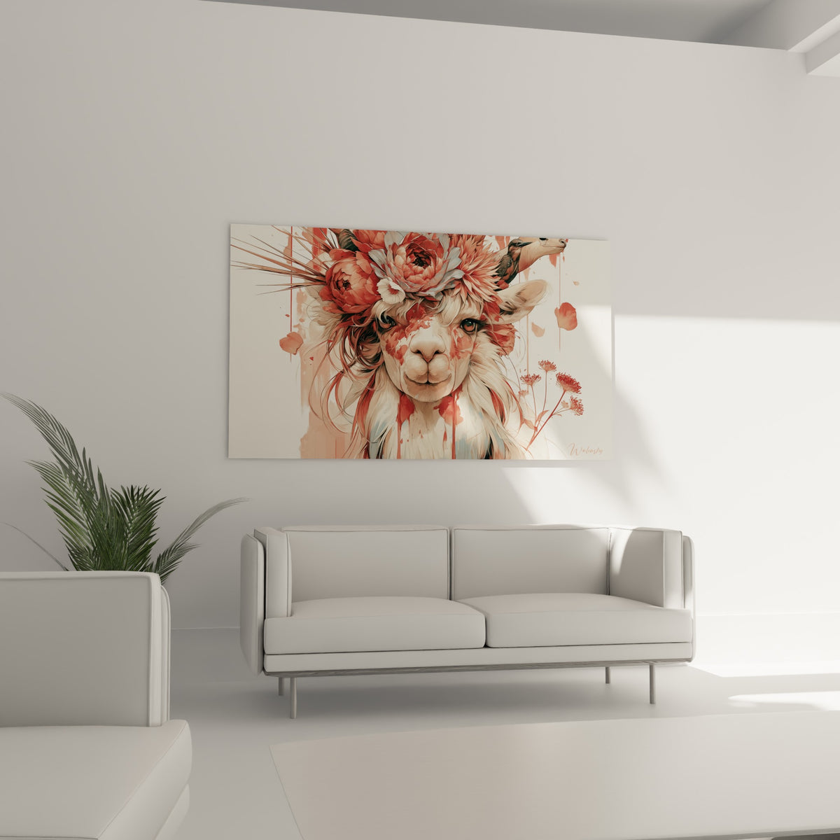 Regard tendre de l'alpaga entouré de pétales roses et blancs, au-dessus d'un canapé dans un salon lumineux