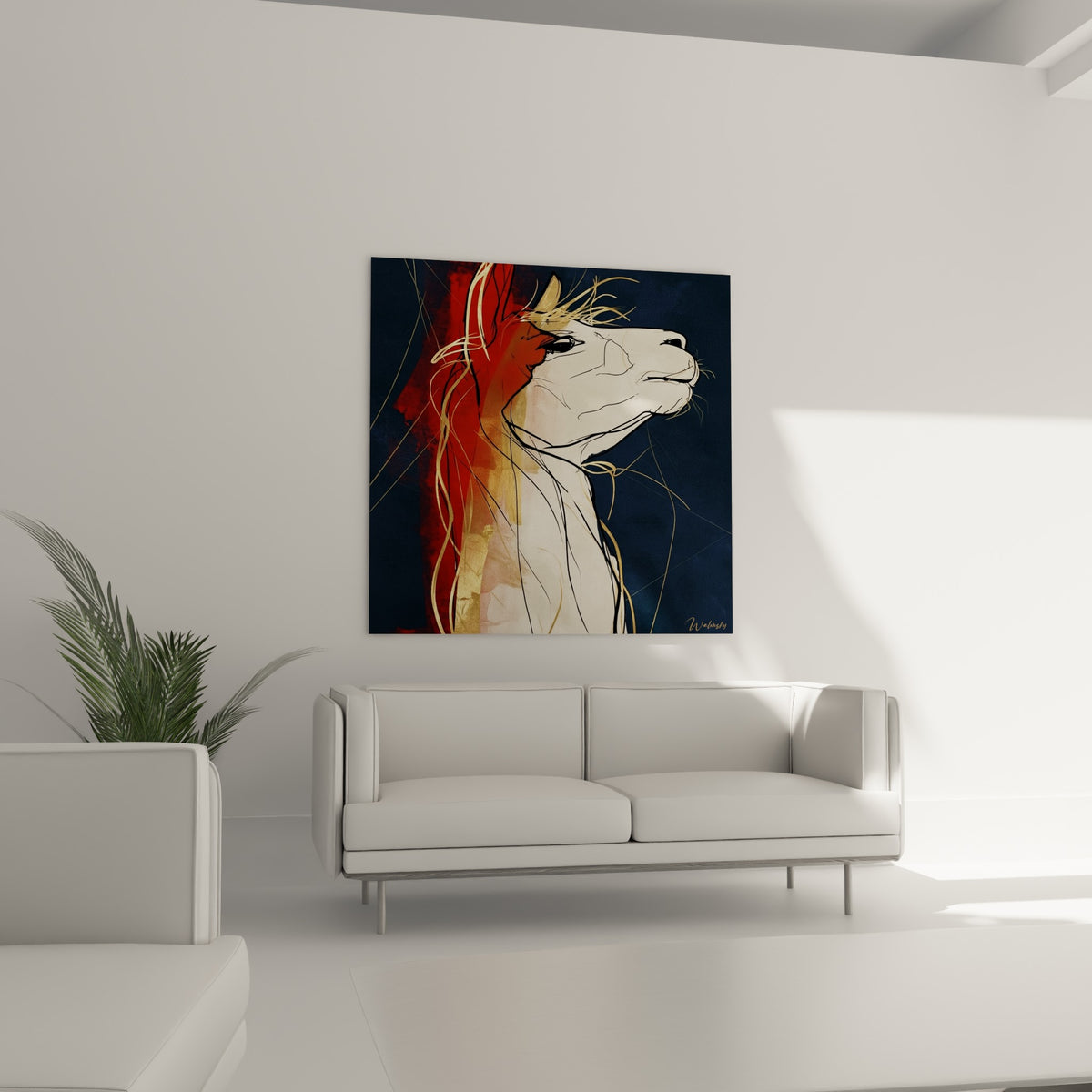 Silhouette d'alpaga aux traits dorés et bleu marine placée au-dessus d'un canapé dans un salon lumineux