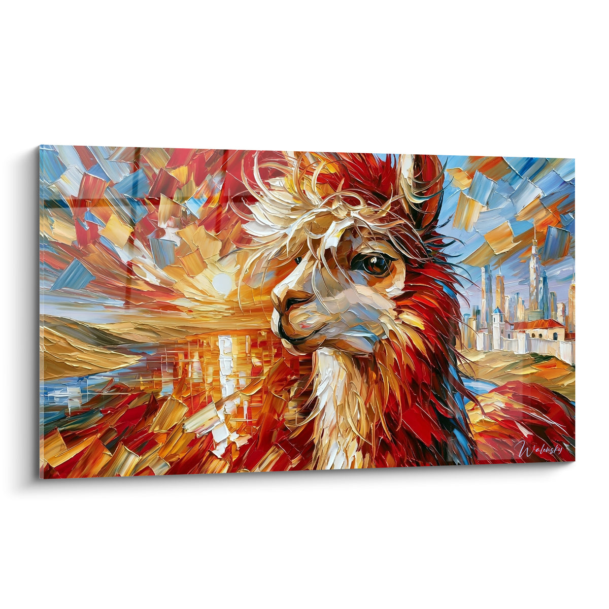 Alpaga rouge et doré peint au couteau, regard intense, ciel fragmenté bleu et orangé en fond