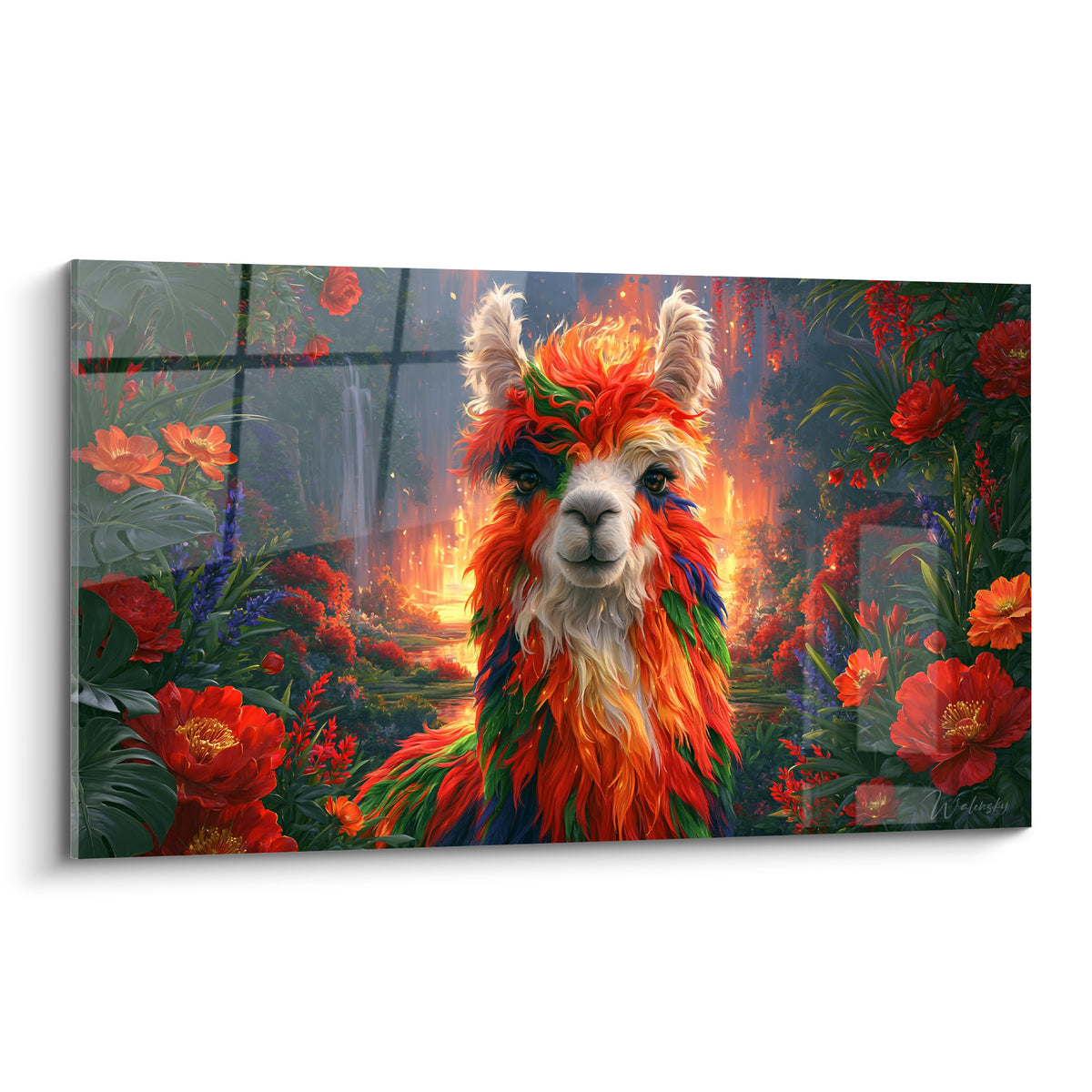 Alpaga rouge, vert et orangé au regard doux, pelage flamboyant entouré de fleurs tropicales rouges