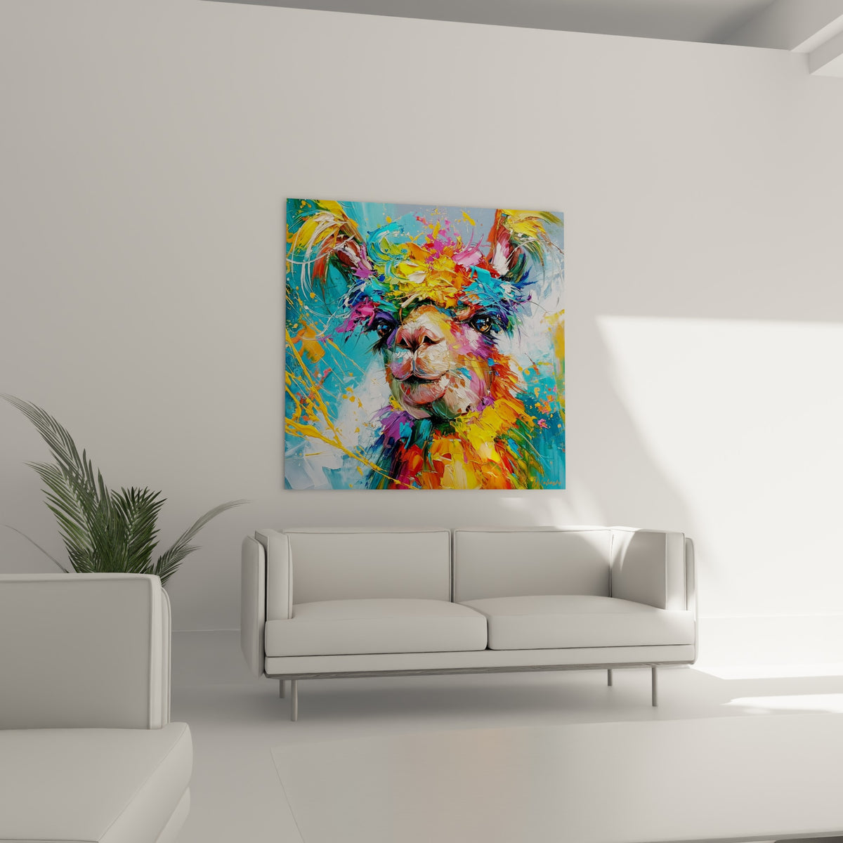 Tête d'alpaga vibrante en bleu turquoise et jaune doré, accrochée au-dessus d'un canapé dans un salon lumineux