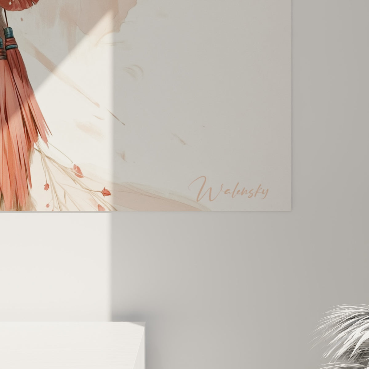 Empâtements de peinture corail et coulures rosées visibles sur la toile, détail des orchidées et du collier bleu