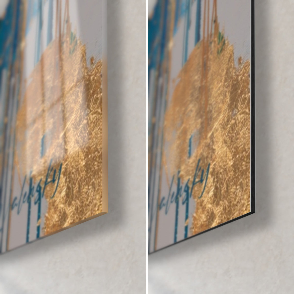 Tableau alpaga aux coulures dorées et turquoise, coin bas droit : verre acrylique brillant à gauche, alu Dibond mat à droite, tranche fine