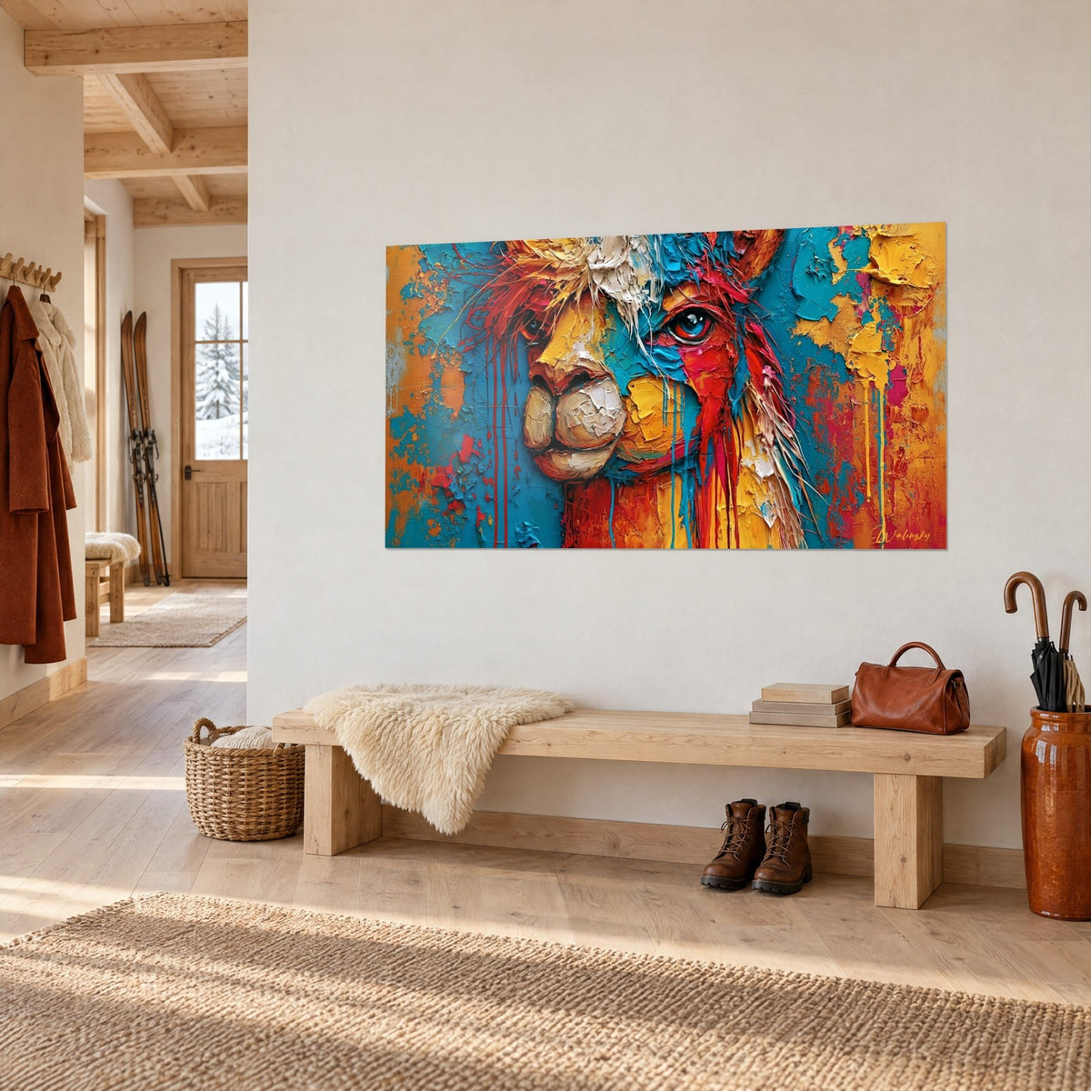 Tableau lama peint en empâtements turquoise et orangé, museau crème en relief, accroché dans une entrée en bois de chalet