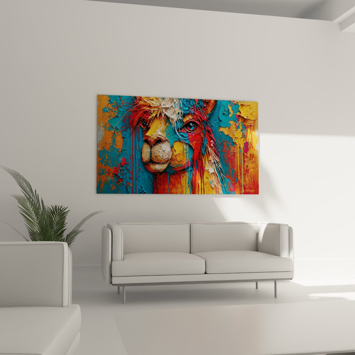 Portrait d'alpaga texturé aux couleurs vives turquoise et rouge, au-dessus d'un canapé dans un salon lumineux