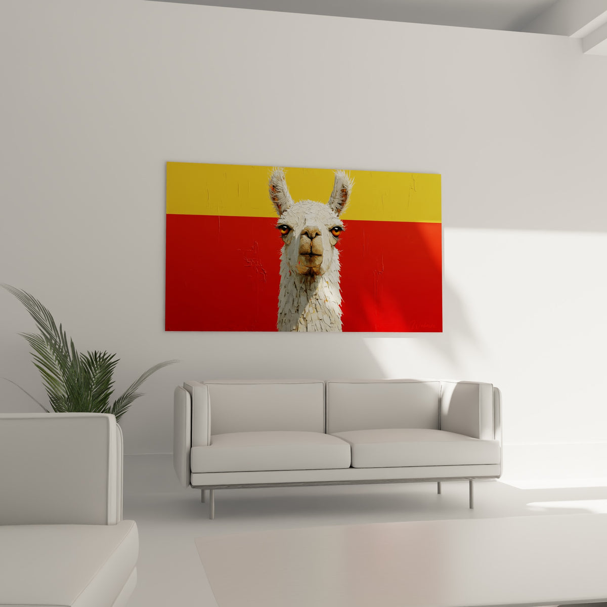 Tête d'alpaga blanche sur fond rouge vif accrochée au-dessus d'un canapé dans un salon lumineux