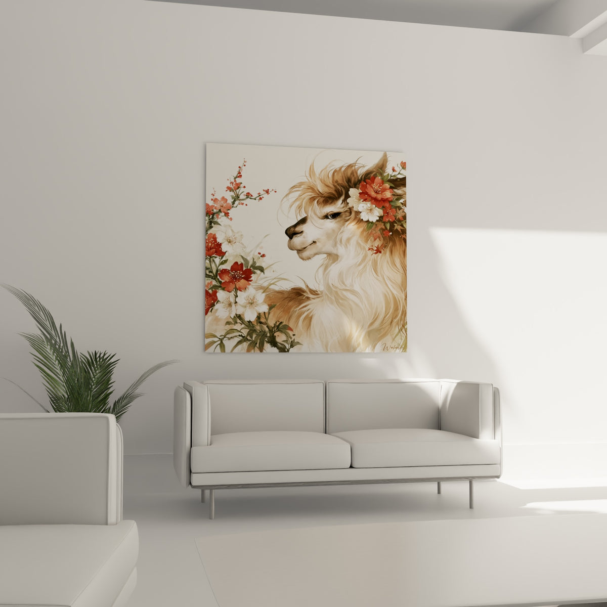 Douce fourrure d'alpaga beige entourée de pétales rouges au-dessus d'un canapé dans un salon lumineux