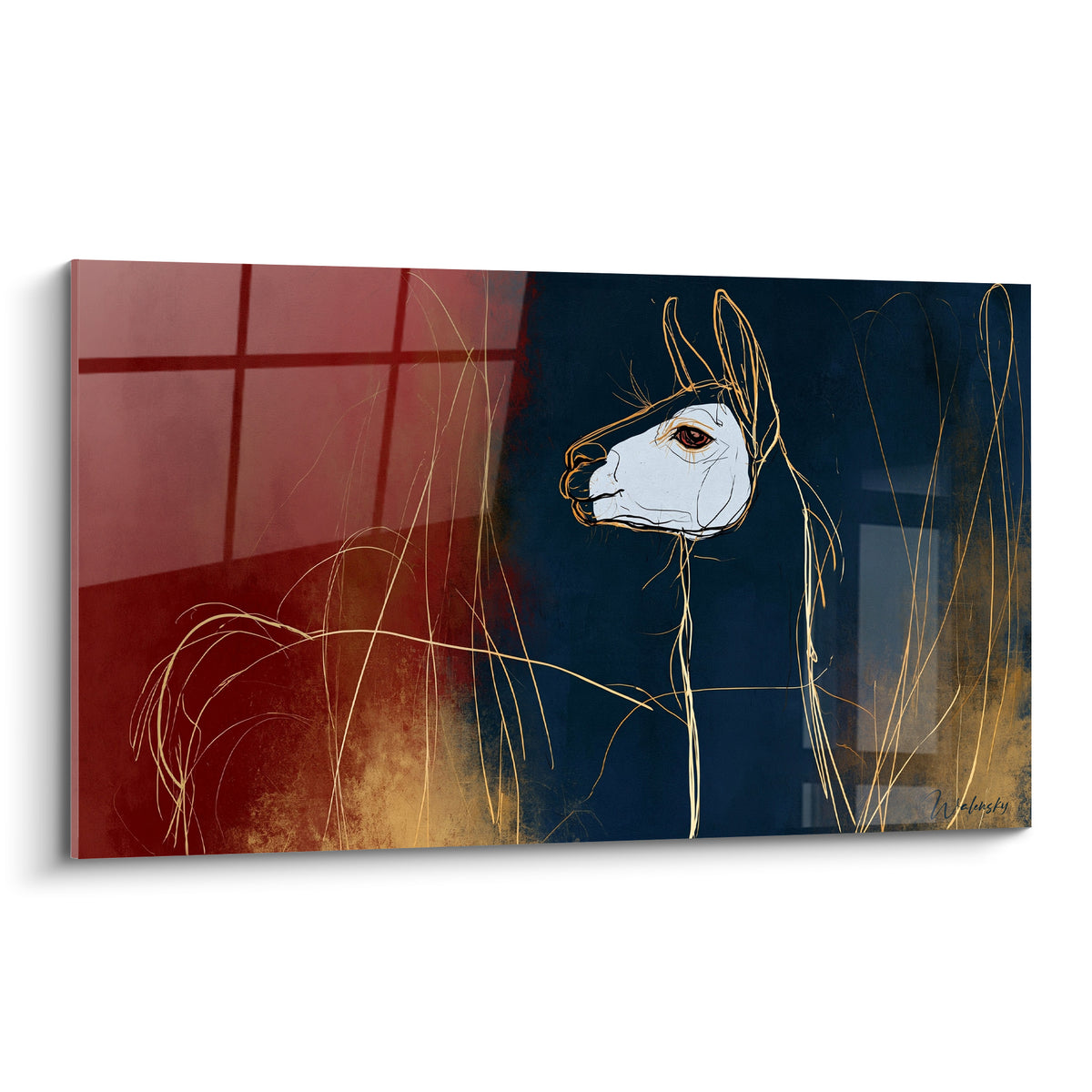 Alpaga au profil blanc et tracé doré filiforme sur fond bleu marine et terracotta