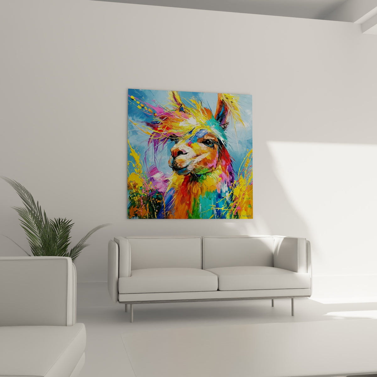 Portrait animalier coloré jaune et bleu d'un alpaga, suspendu au-dessus d'un canapé dans un salon lumineux