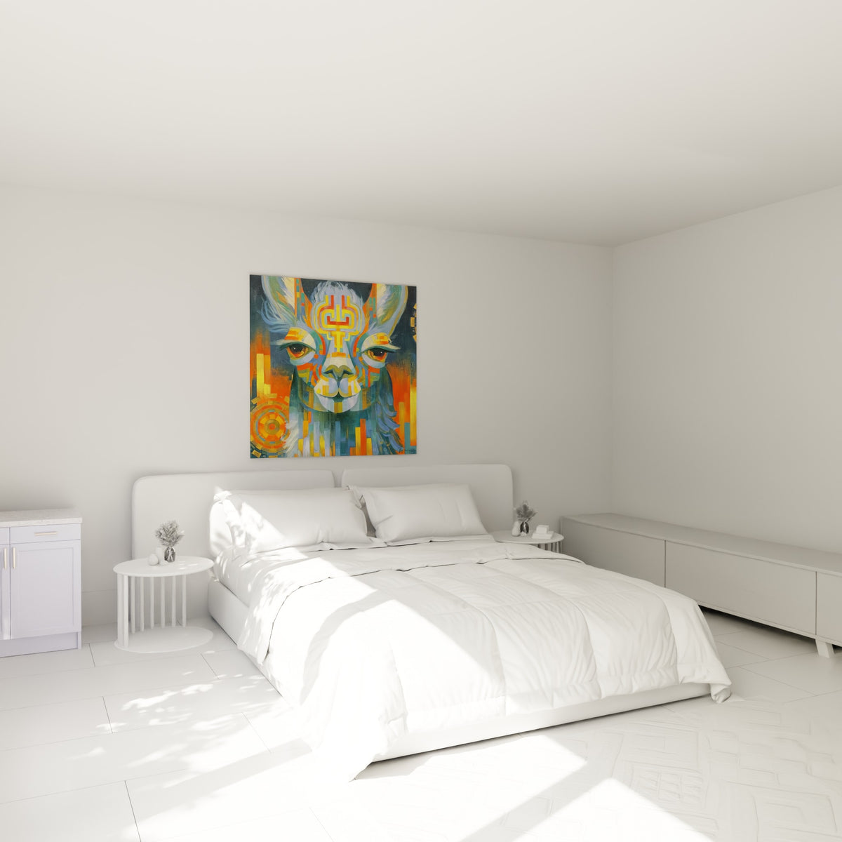 Visage d'alpaga stylisé en orange et bleu ardoise, accroché au-dessus d'un lit dans une chambre claire