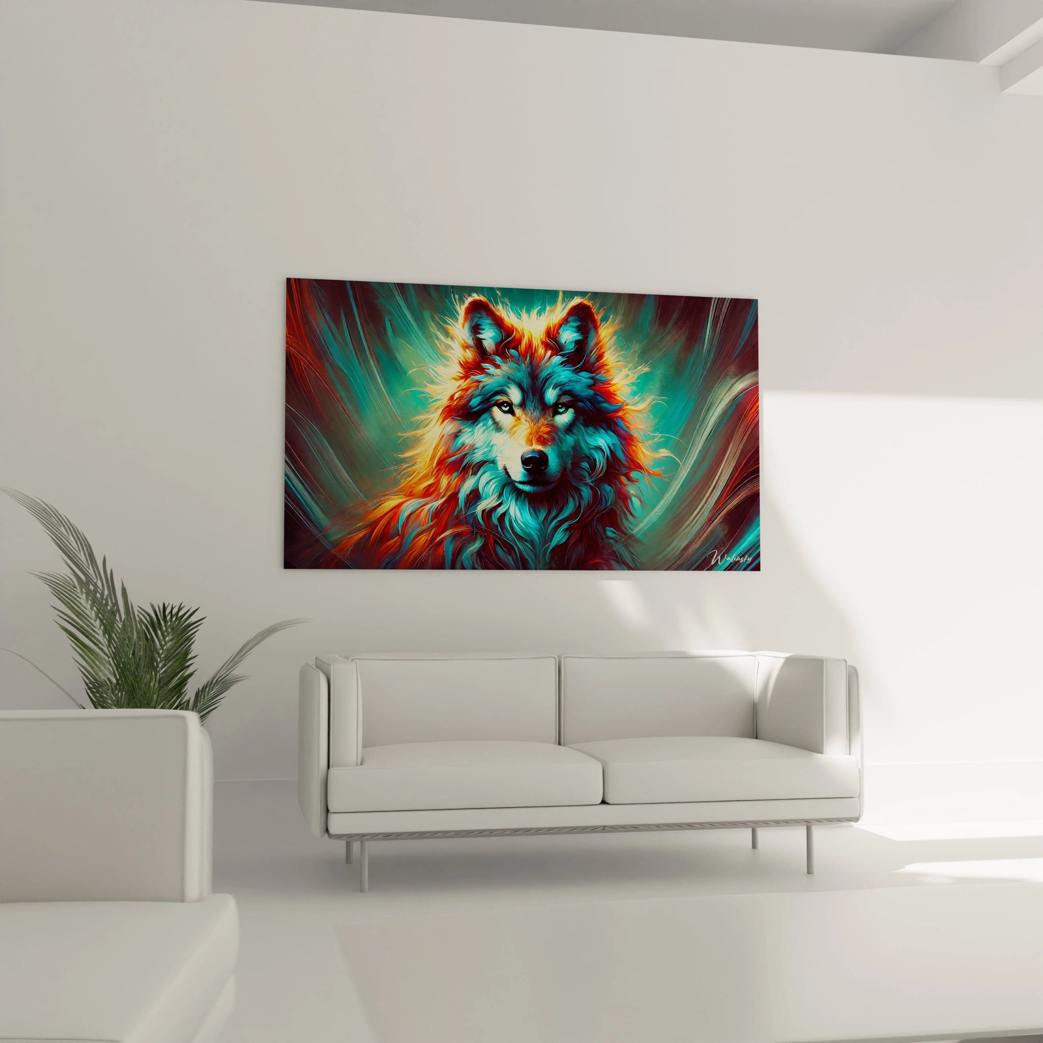 Tableau loup majestueux au-dessus du canapé. Puissance et indépendance capturées par des couleurs vives et un fond abstrait. Idéal pour une décoration moderne et audacieuse dans le salon.