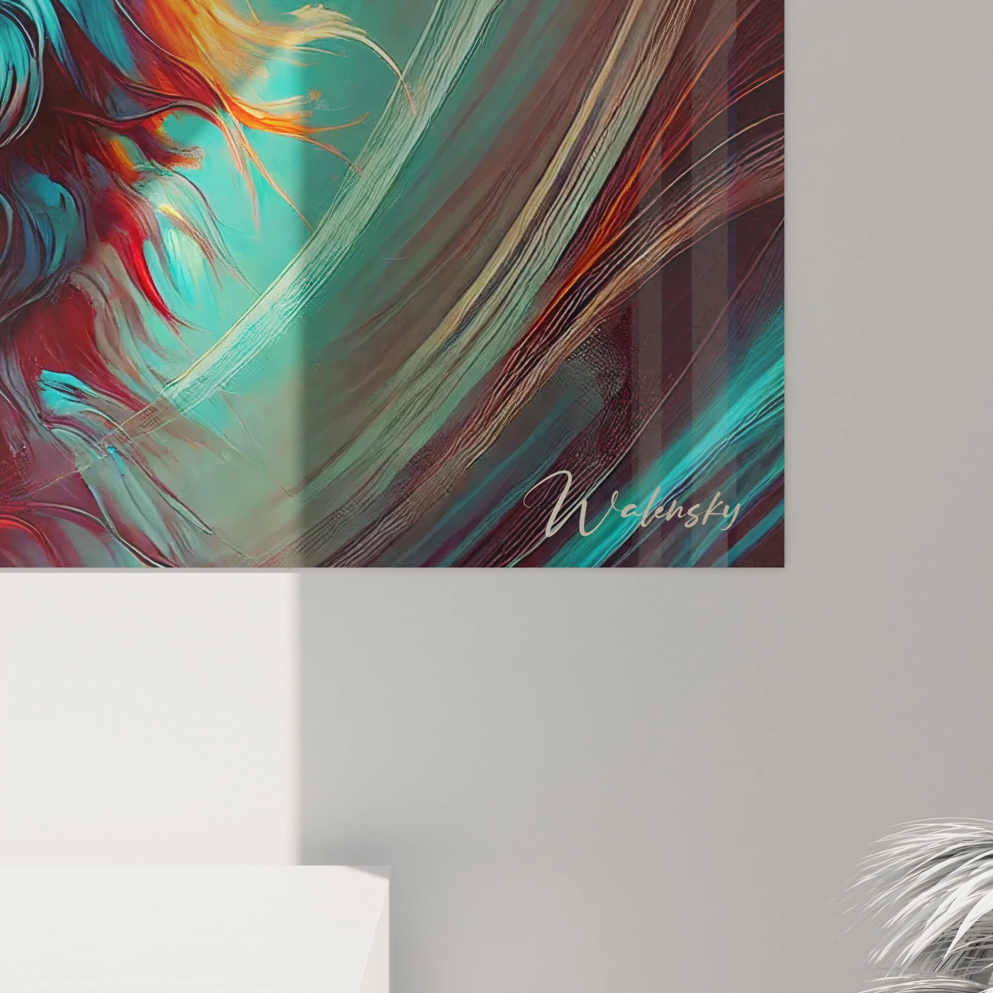 Gros plan du tableau loup. Détails impressionnants du pelage et des yeux, créant une profondeur émotionnelle. Couleurs vives et reflets lumineux symbolisent la force intérieure et l'énergie du loup.