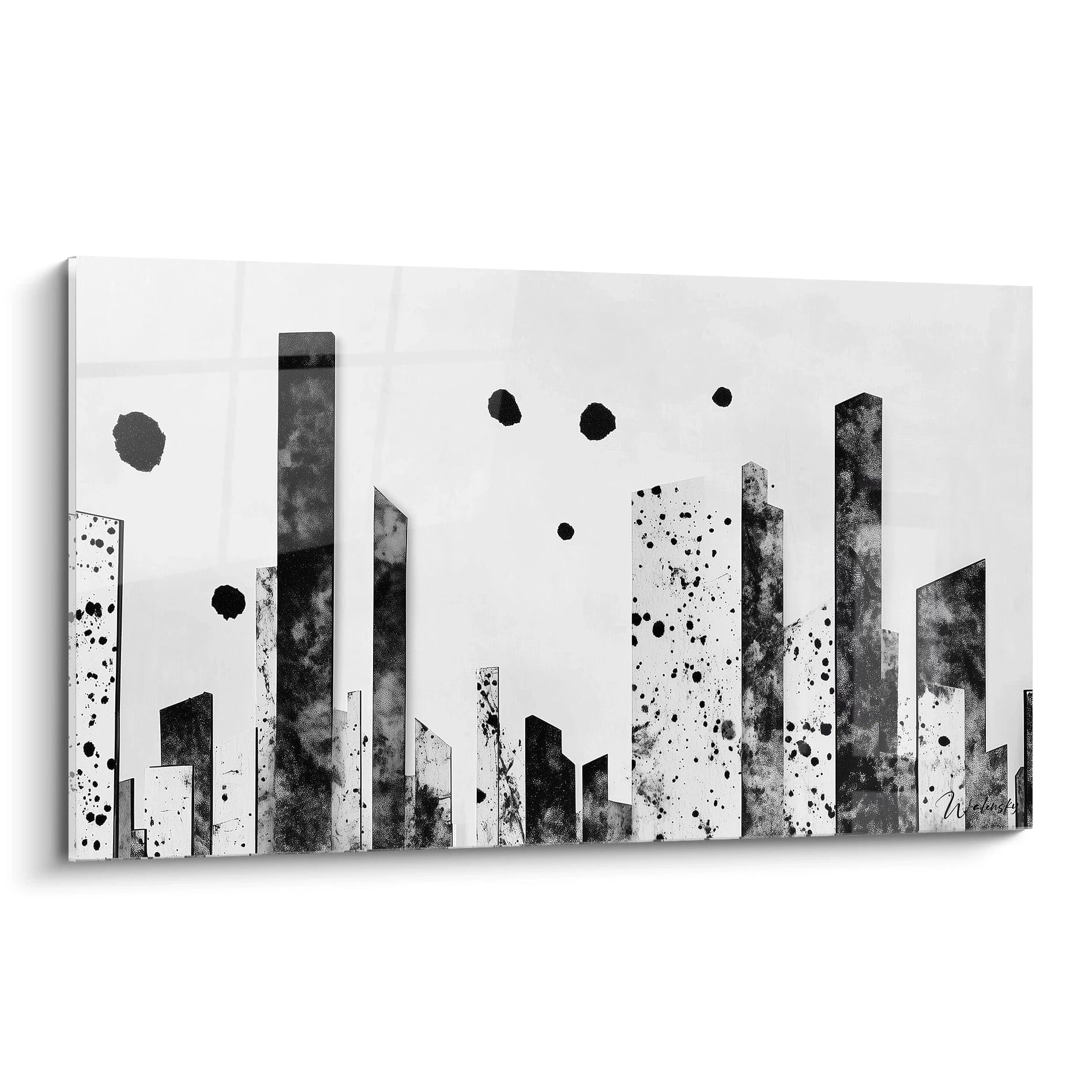 Tableau tacheté noir et blanc de Walensky représentant des silhouettes urbaines modernes