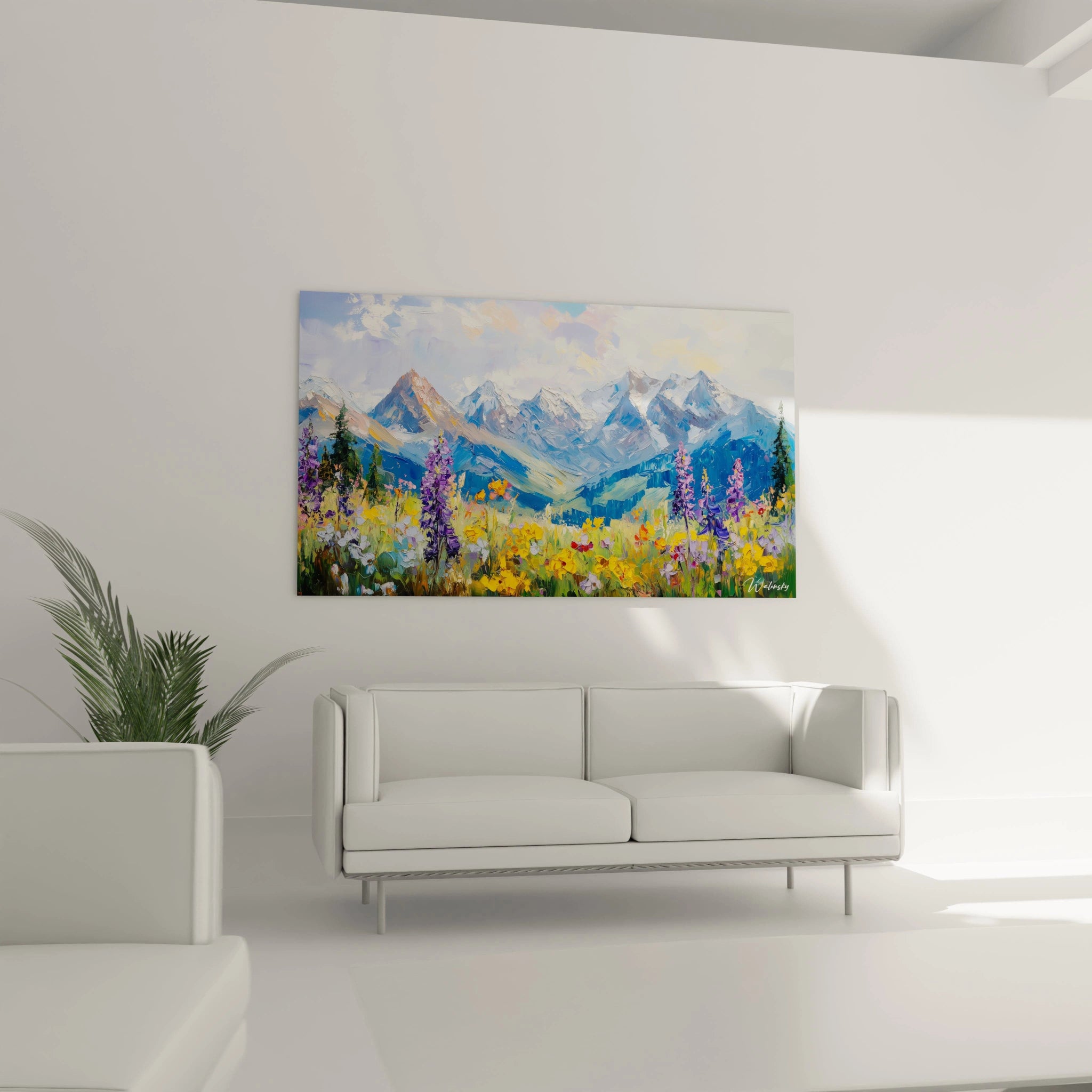 A spring mountain canvas depicting a chain of blue and white peaks bathed in soft light, with a vibrant foreground of wild flowers in purple, yellow and white, rendered with an impressionist technique featuring generous textures.