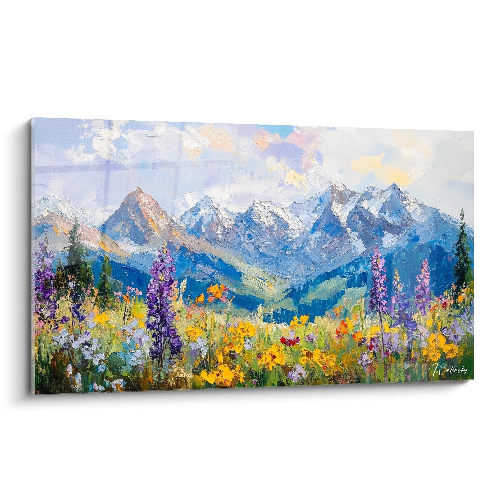 A striking mountain painting featuring snow-capped blue peaks overlooking an alpine flower field, with purple lupins and yellow flowers in the foreground, in an impressionist style with textured and thick brushstrokes.
