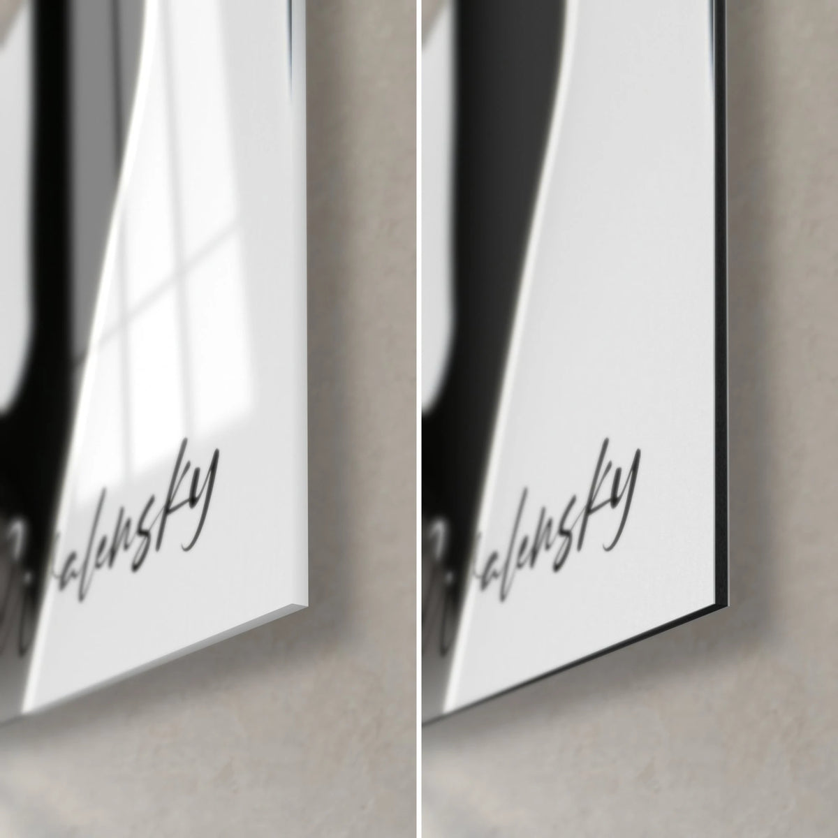 Tableau surface blanche percée de formes noires, coin bas droit : verre acrylique brillant aux reflets, alu Dibond mat, tranche de 3 mm