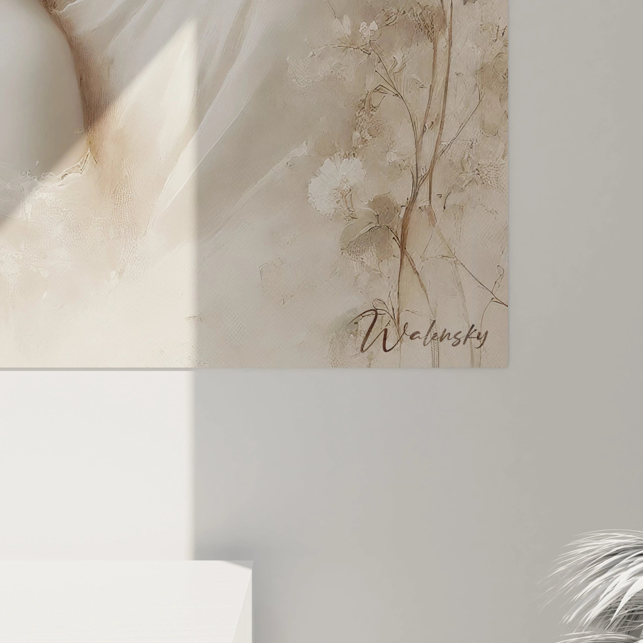 Une vue rapprochee du tableau couple revele ses details subtils, une harmonie de textures et de tons qui captivent et apaisent l'esprit.