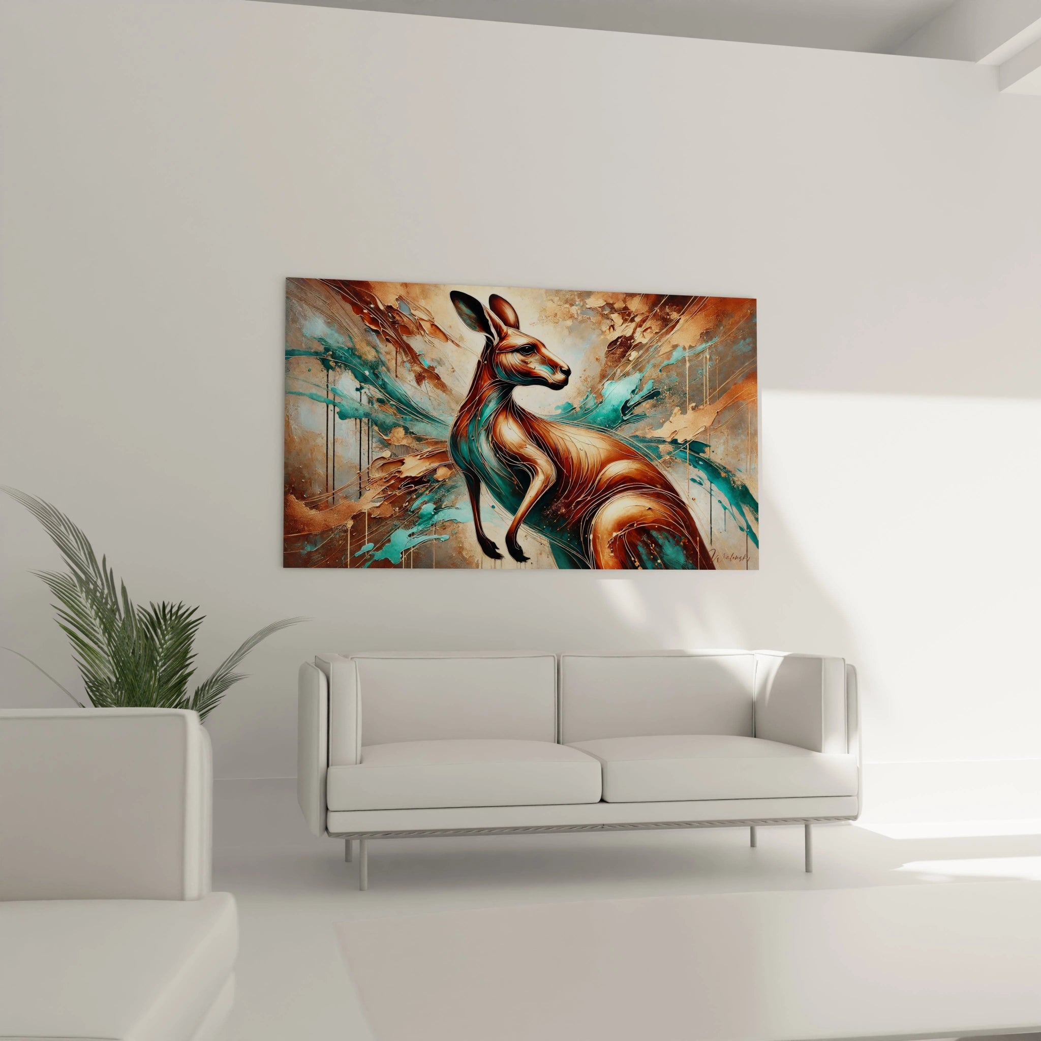 le tableau kangourou dans ce salon apporte une touche dynamique et majestueuse grace a ses teintes bronze et bleu il s'intègre parfaitement au dessus du canapé créant une atmosphère vibrante