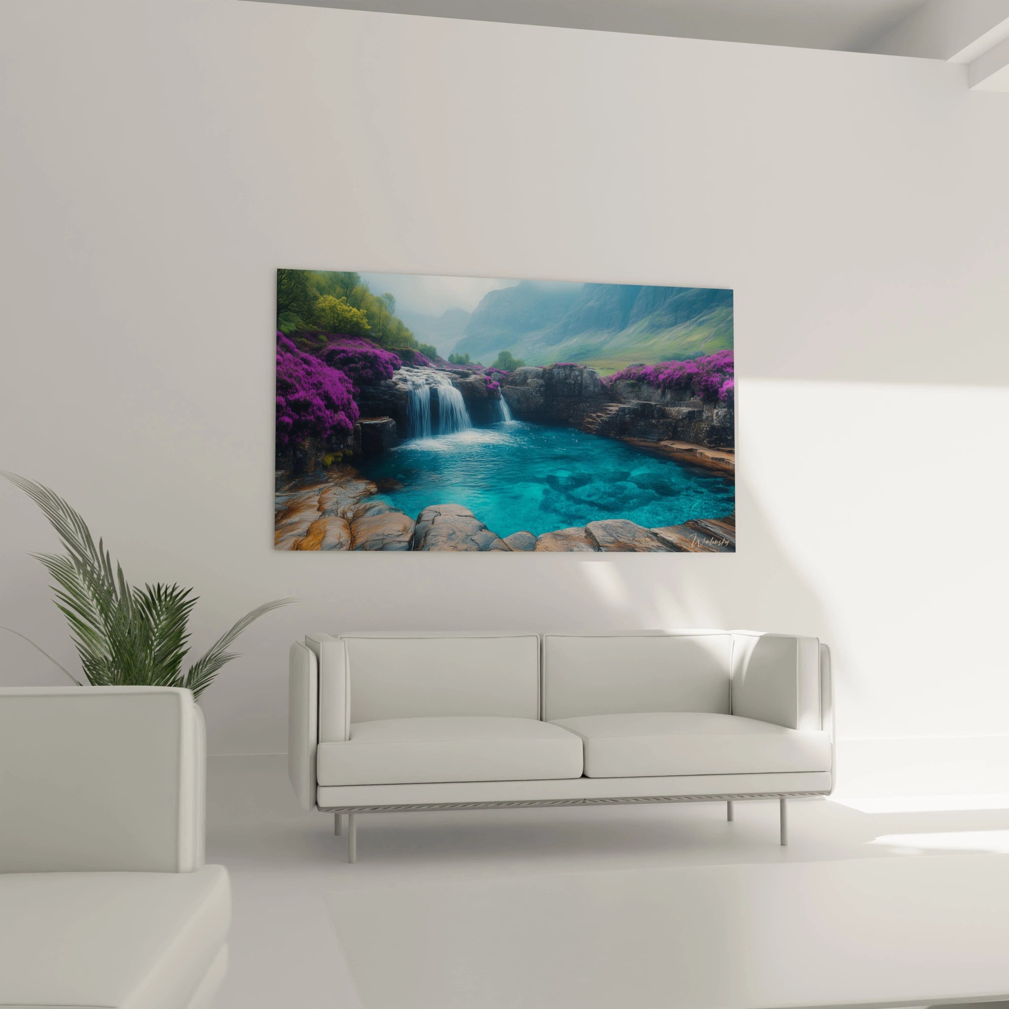 Un tableau cascade présentant un paysage montagneux avec une chute d'eau bleu turquoise, des massifs de fleurs violettes éclatantes et des rochers texturés, sous une lumière brumeuse créant une atmosphère éthérée.